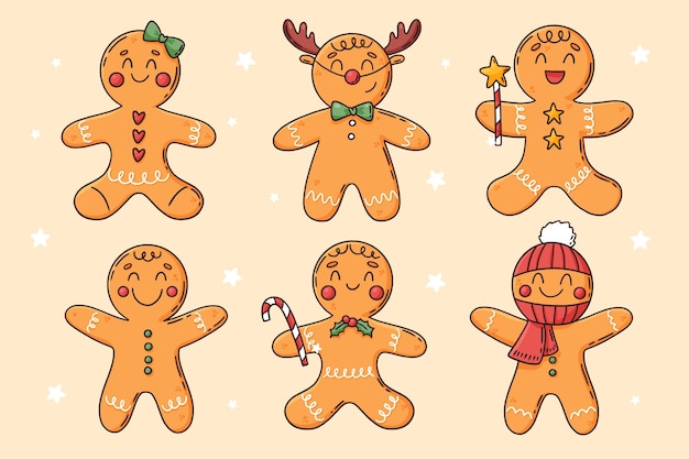 Hand drawn gingerbread man cookies collection