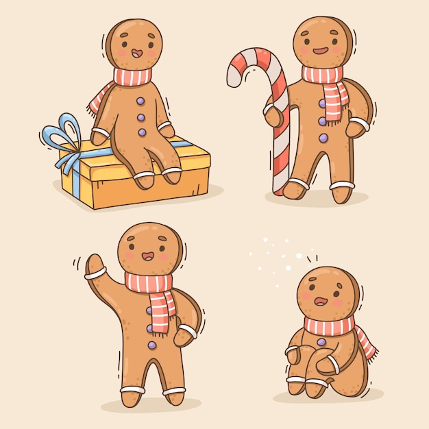 Hand drawn gingerbread man cookies collection