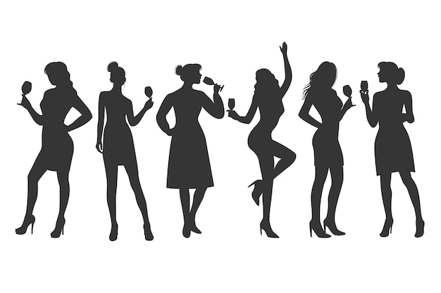 Hand drawn girl drinking wine silhouette set