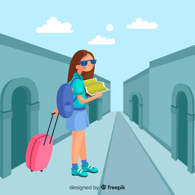 Free Vector hand drawn girl traveling background