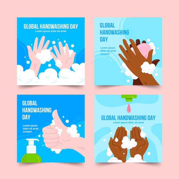 Free vector hand drawn global handwashing day instagram posts collection