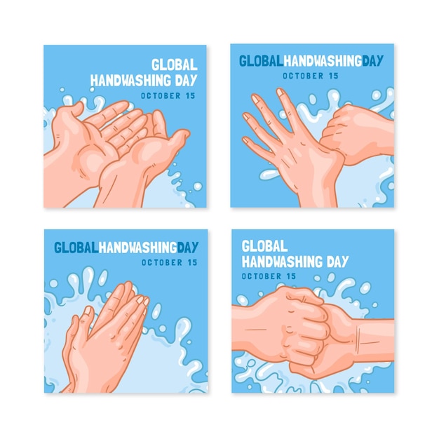 Free vector hand drawn global handwashing day instagram posts collection