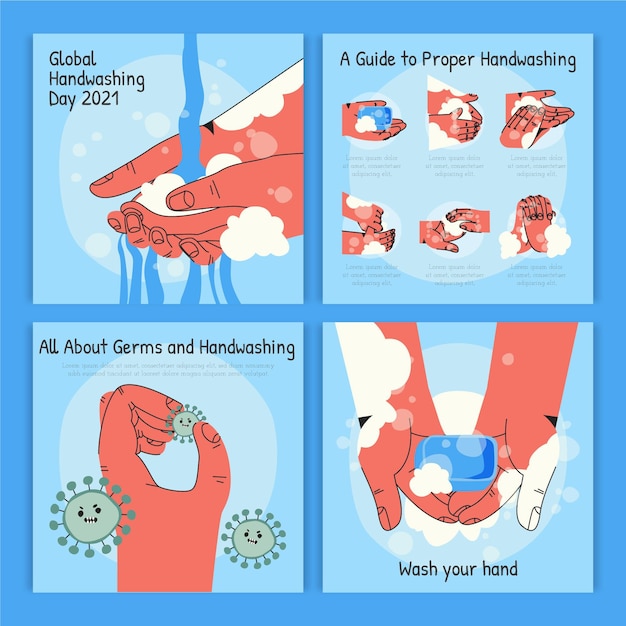 Hand drawn global handwashing day instagram posts collection