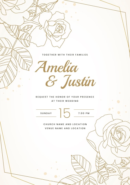 Hand drawn golden wedding invitation template