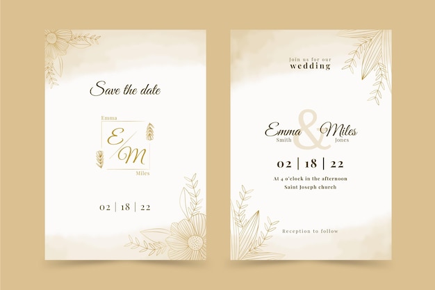 Hand drawn golden wedding invitation template