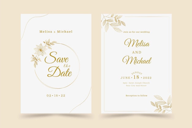 Hand drawn golden wedding invitation template