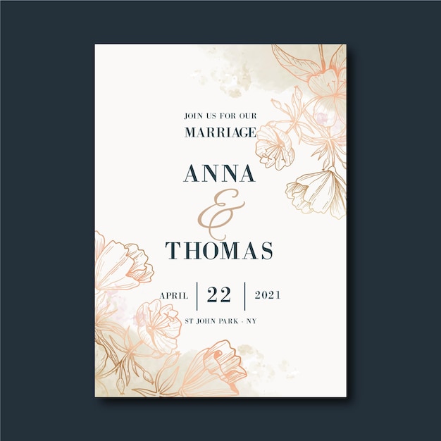 Hand drawn golden wedding invitation template