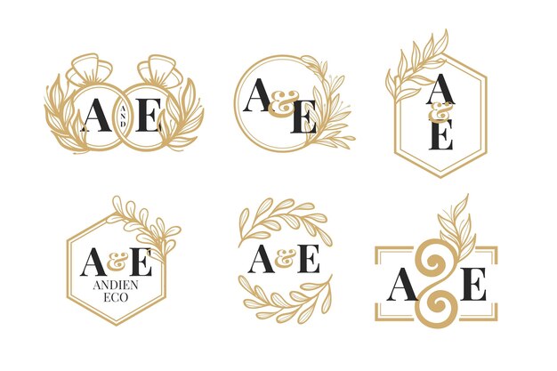 Hand drawn golden wedding monogram logo pack