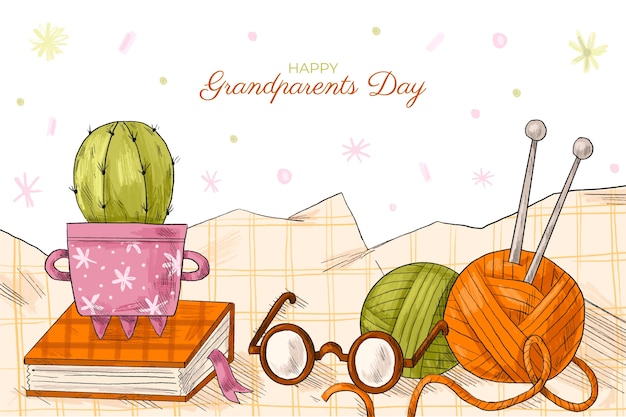 Hand drawn grandparents day background with glasses and yarn