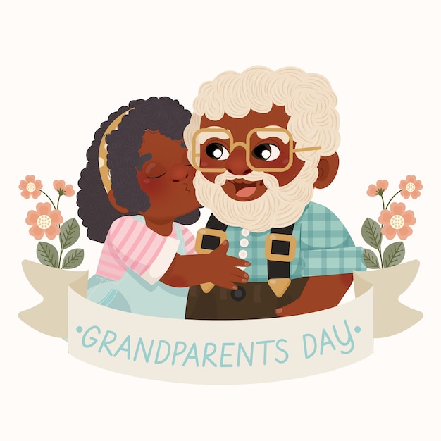 Hand drawn grandparents day illustration with grandchild kissing grandfather