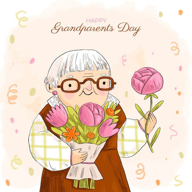 Hand drawn grandparents day illustration with grandma holding flowers