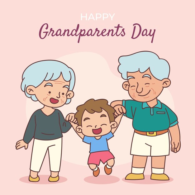 Hand drawn grandparents day illustration with grandparents and grandchild