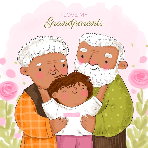 Hand drawn grandparents day illustration with older couple and grandchild