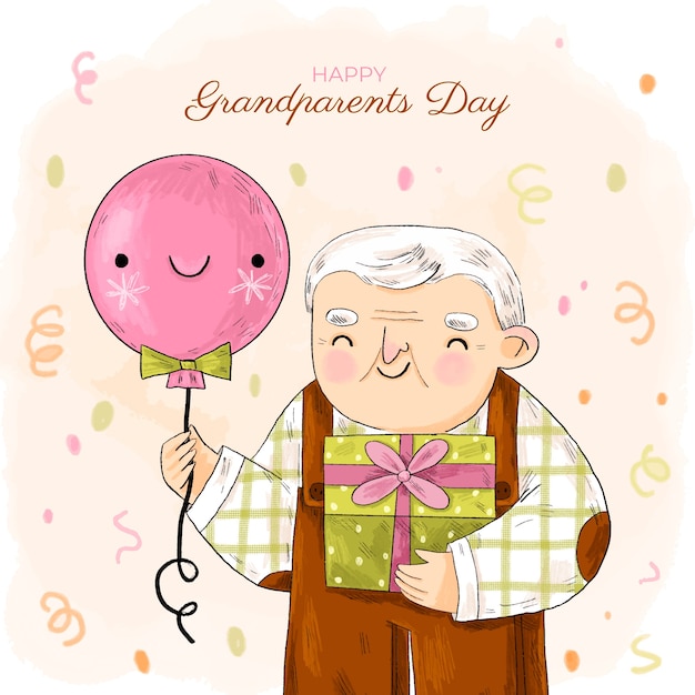 Hand drawn grandparents day illustration with older man holding balloon