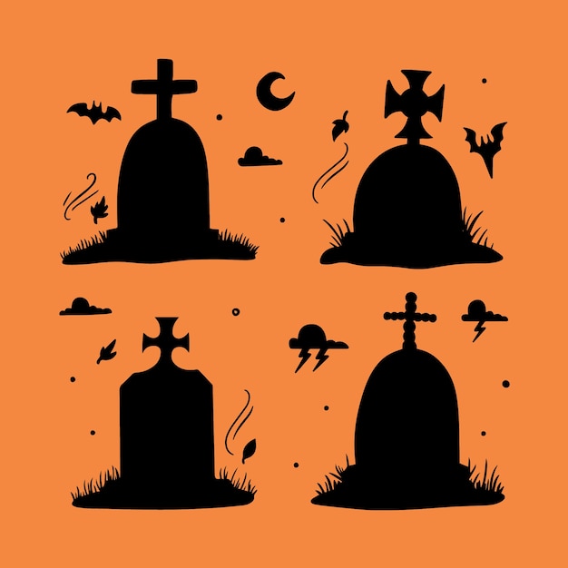 Free Vector hand drawn gravestones silhouettes collection for halloween celebration