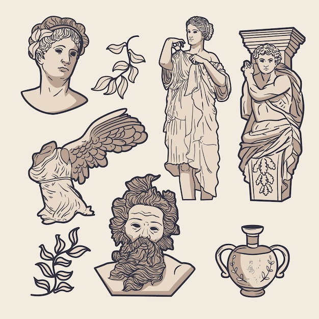 Free Vector hand drawn greek statue collection