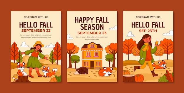 Hand drawn greeting cards collection for fall season