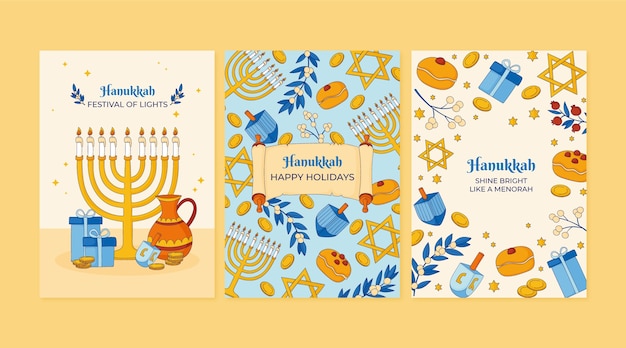 Hand drawn greeting cards collection for hanukkah celebration