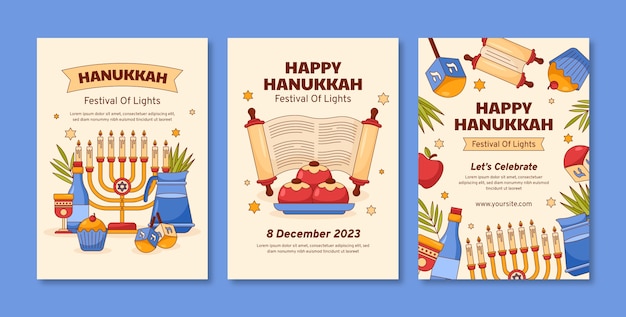 Free Vector hand drawn greeting cards collection for jewish hanukkah holiday