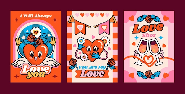 Hand drawn groovy love card set