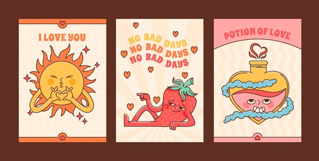 Hand drawn groovy love cards set