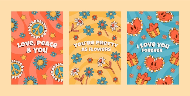 Hand drawn groovy love cards