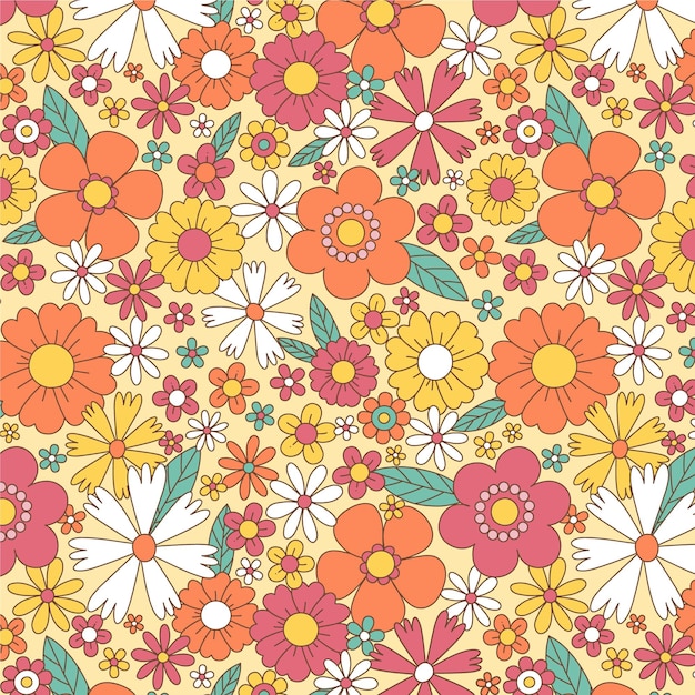 Hand drawn groovy pattern with flowers