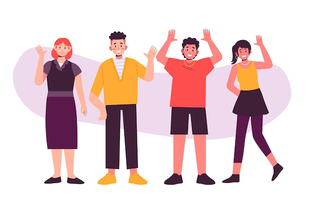 Hand drawn group of people waving illustrated