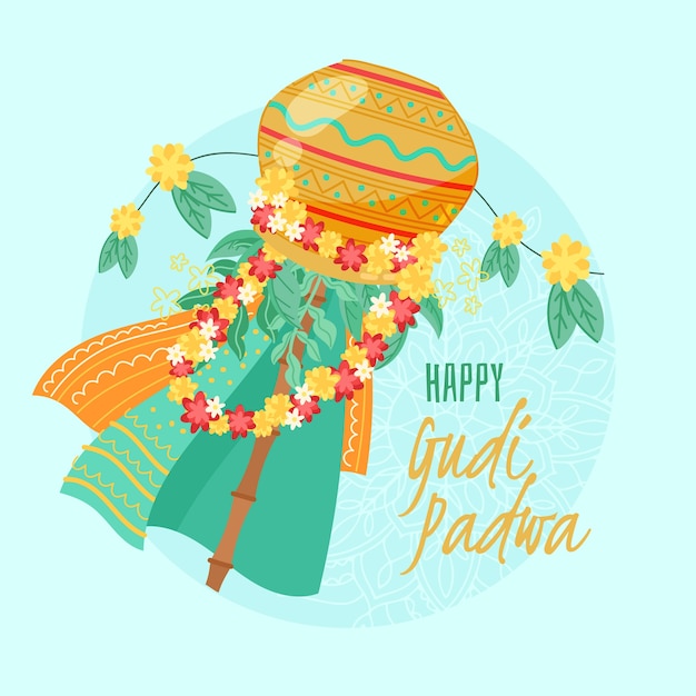 Hand drawn gudi padwa with flowers