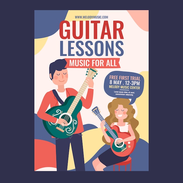 Free Vector hand drawn guitar lessons vertical poster template