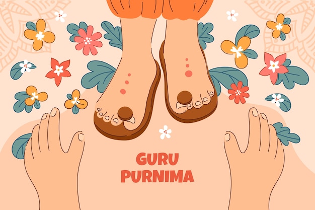 Free vector hand drawn guru purnima background with feet and flowers