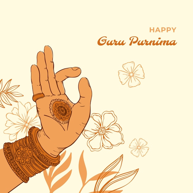 Hand drawn guru purnima illustration with hand and flowers