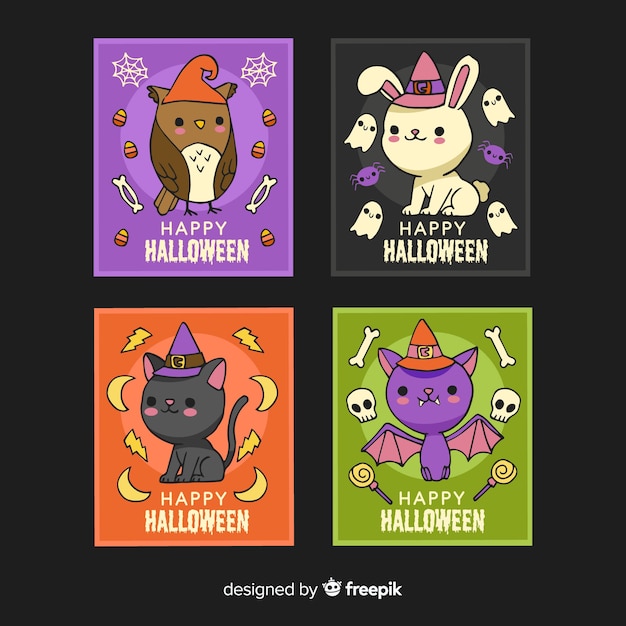 Free Vector hand drawn halloween animal card collection