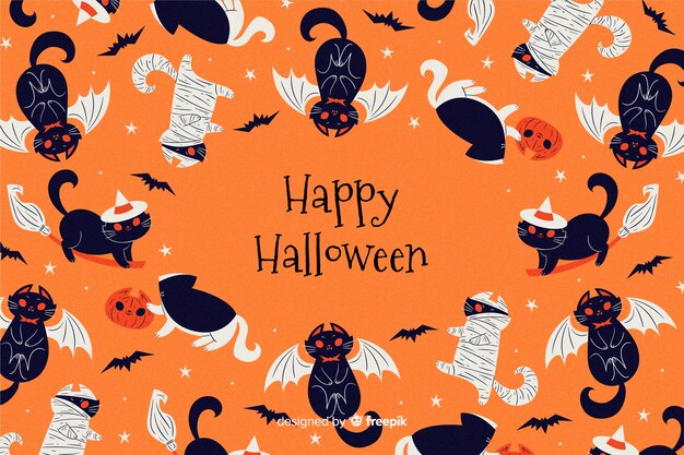 Hand drawn halloween background with black cats