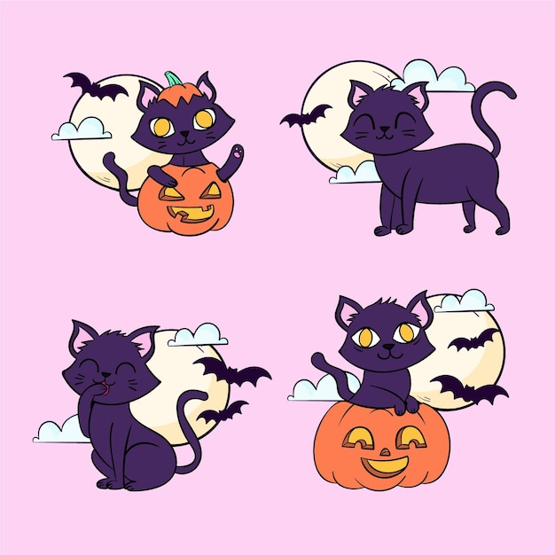 Hand drawn halloween black cats collection