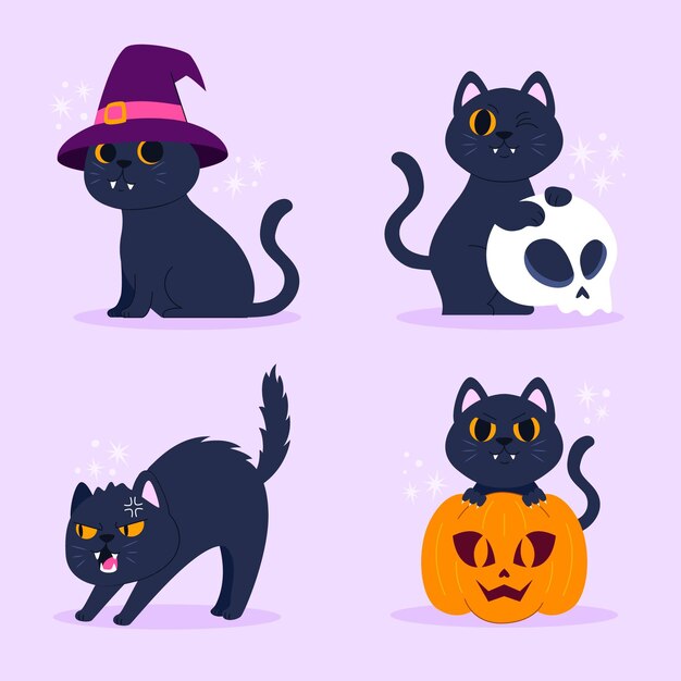 Hand drawn halloween black cats collection