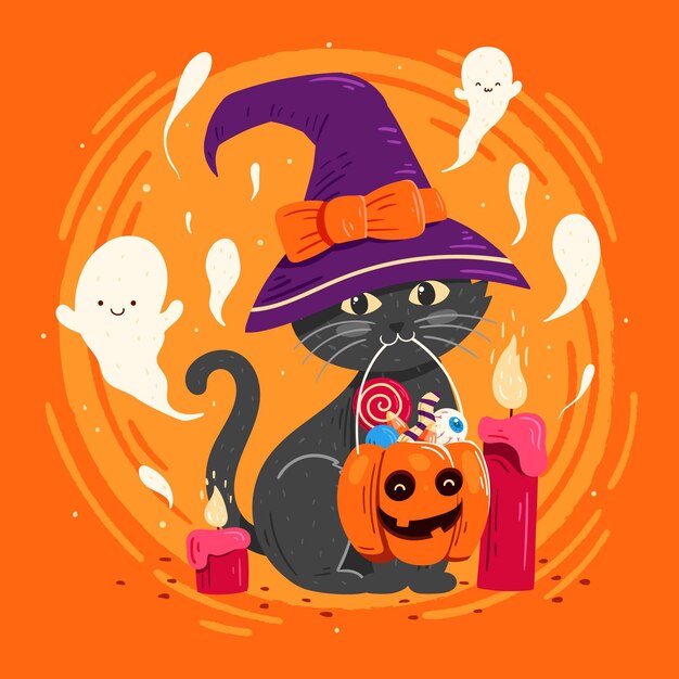 Hand drawn halloween cat illustration