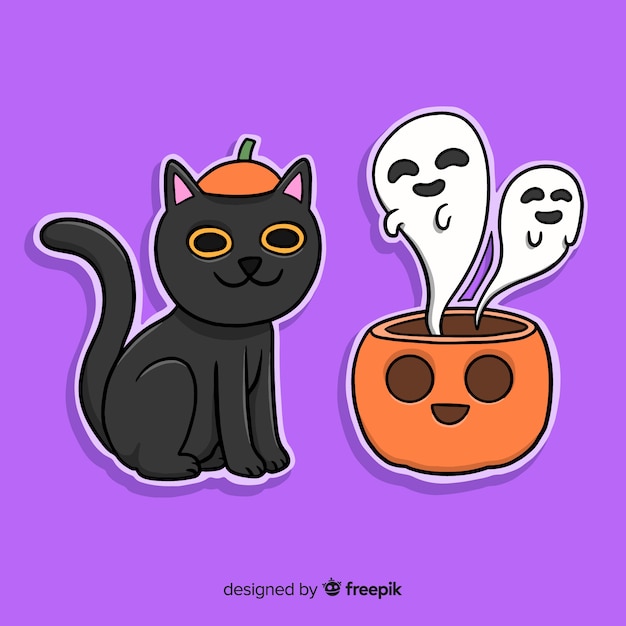 Free vector hand drawn halloween cat and pumpkin with ghosts