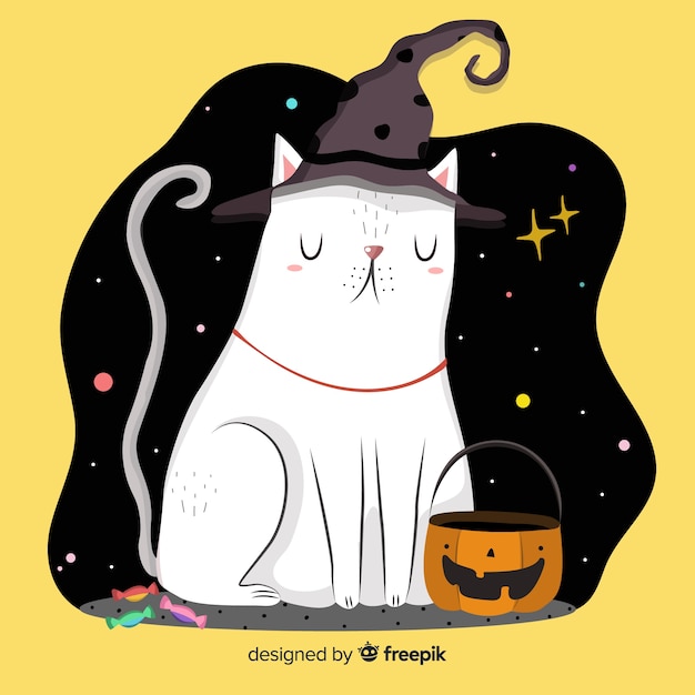 Free Vector hand drawn halloween cat on a starry night