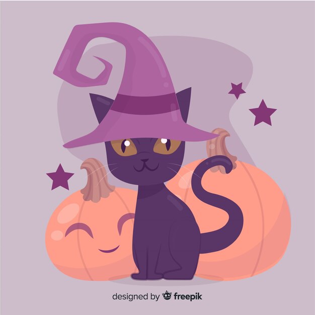 Hand drawn halloween cat with witch hat