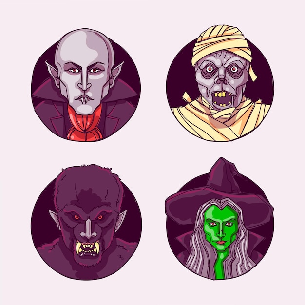 Hand drawn halloween characters collection