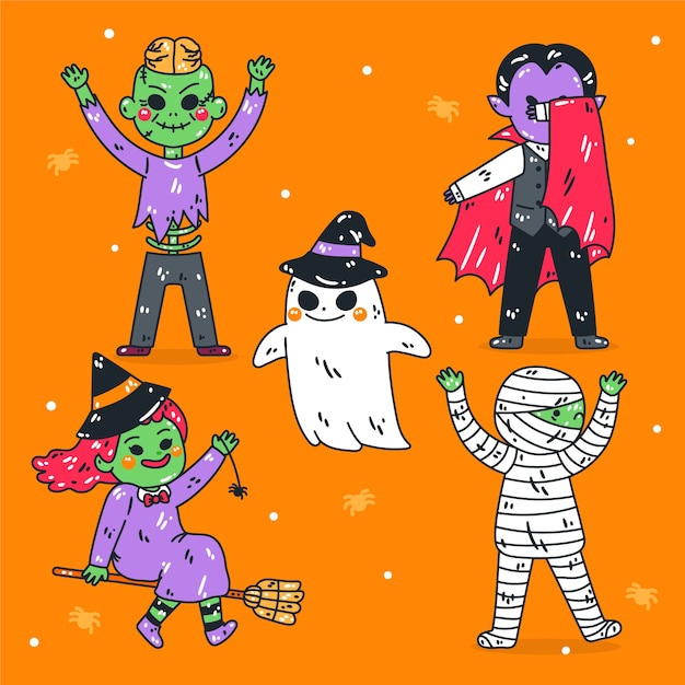 Hand drawn halloween characters elements collection