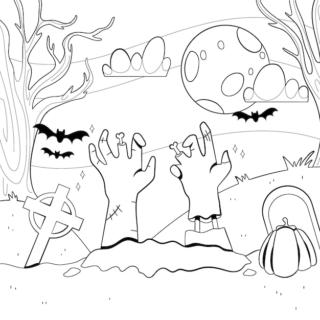 Hand drawn halloween coloring page illustration