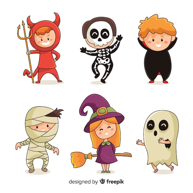 Hand drawn of halloween costumes kid collection