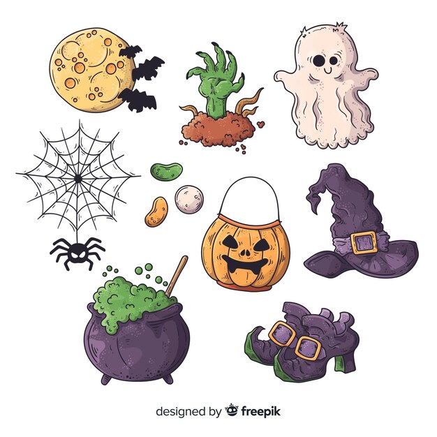 Hand drawn halloween element collection on white background