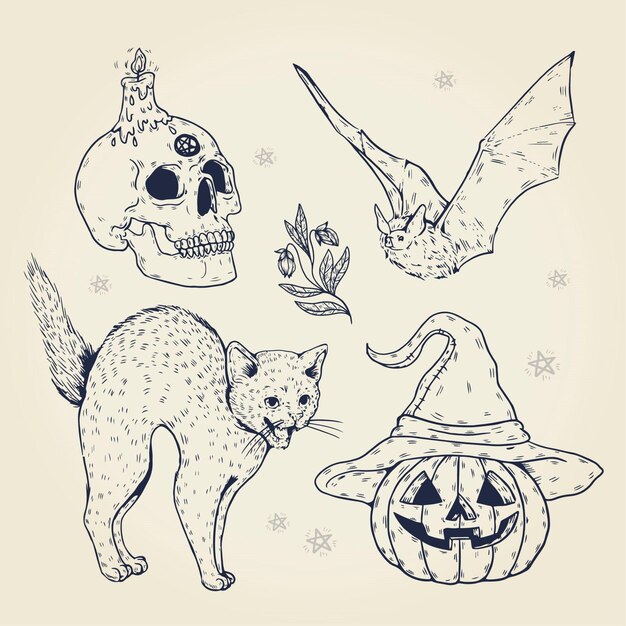 Hand drawn halloween element collection