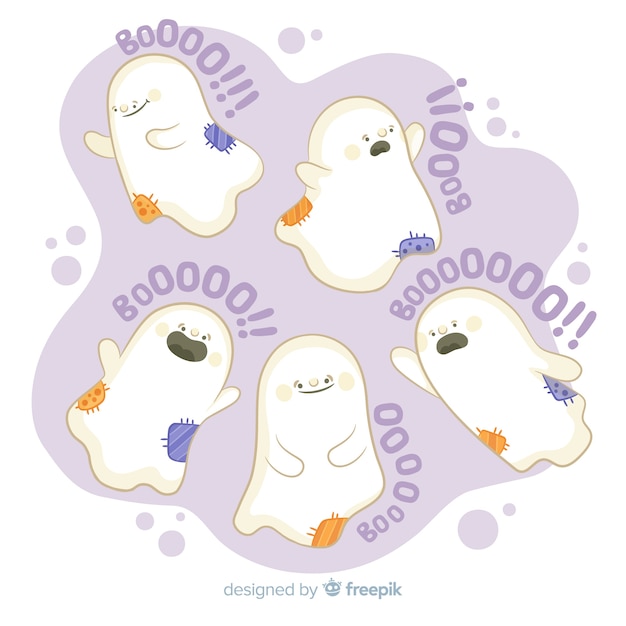 Free vector hand drawn halloween ghost collection with boo! quote