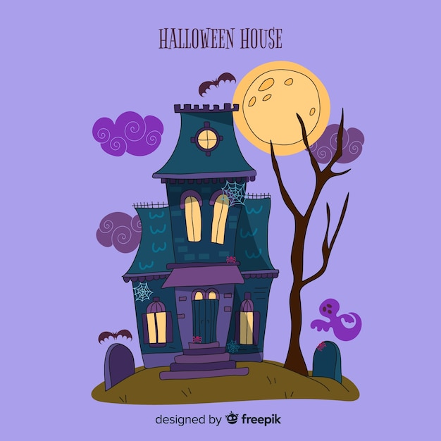 Free Vector hand drawn halloween haunted house background 