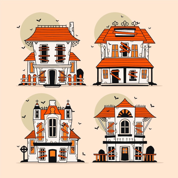 Free vector hand drawn halloween haunted houses collection