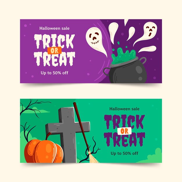 Hand drawn halloween horizontal banners set